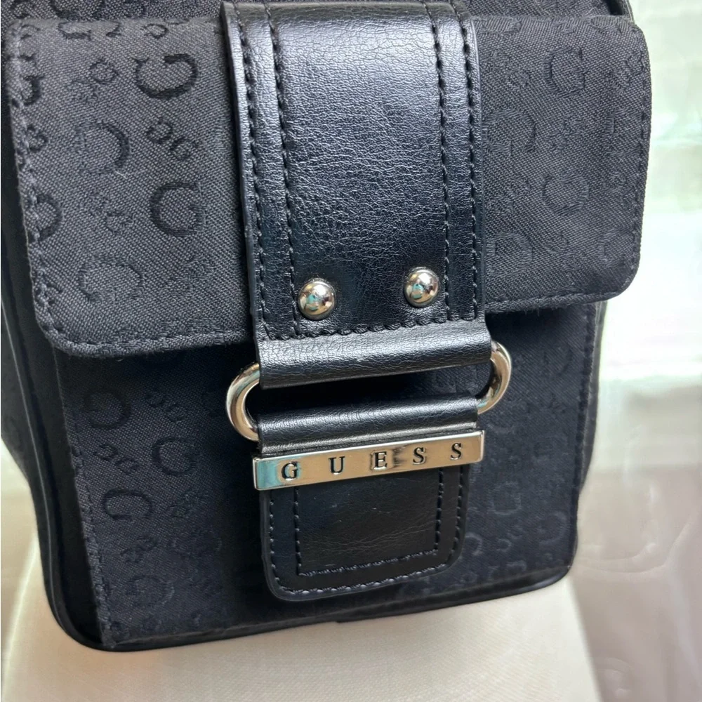 Guess Black Monogram Canvas Crossbody w/Silvertone Logo Buckle